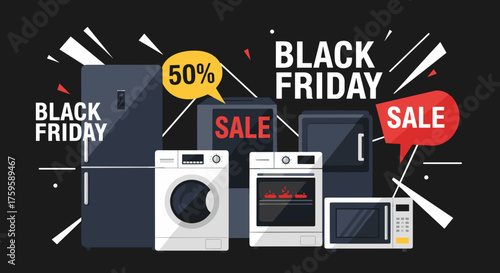 Black Friday Sale banner with major home appliances and 50 discount offer