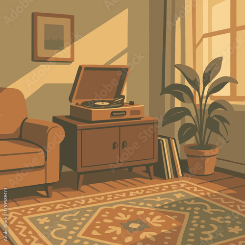 Vinyls record cabinet vector warm room nearby rug patterned player cozy illustration