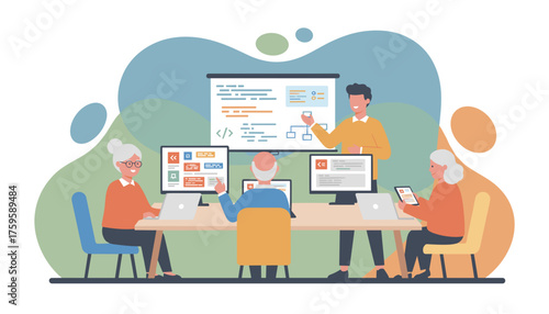 Seniors happily learning coding and technology skills from a young instructor in a modern class