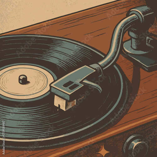 Vinyl arm polished highlights player vintage grooves glowing wood record vector illustration