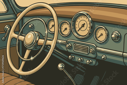 Shining car steering chrome nostalgic wheel dashboard highlights classic vector details illustration