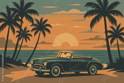 Convertible car around scene classic illustration vector silhouettes palm sunset trees parked