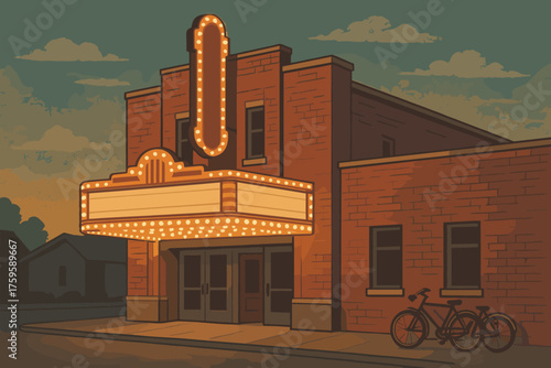 Leaning lights marquee building vector glowing theater illustration dusk against nostalgia