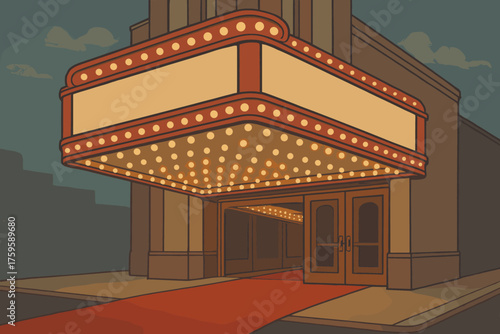Marquee vector sky entrance vintage soft glowing carpet light theater red illustration