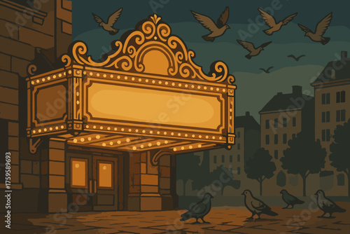 Marquee overhead vector pigeons golden illustration ornate city square theater warmly