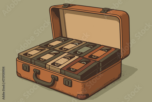 Vector illustration retro tapes suitcase nostalgic color muted vhs travel vibe palette