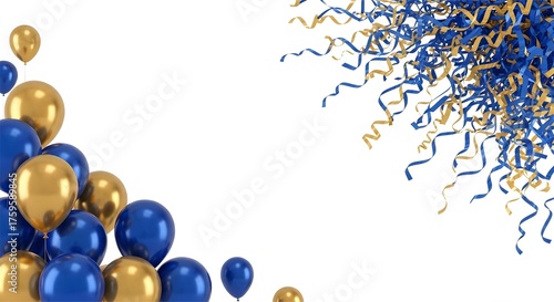 Festive blue and gold balloons and confetti elegant decoration elements for party celebrations isolated on white background