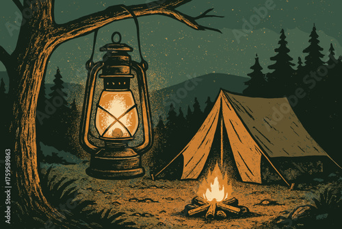 Vector illustration hanging warm branch campsite glowing glow light rustic outdoor from