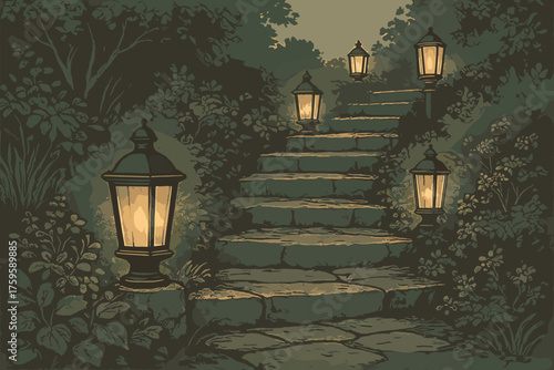 Pathway nostalgic lit lantern lighting placed vector illustration along soft scene lanterns