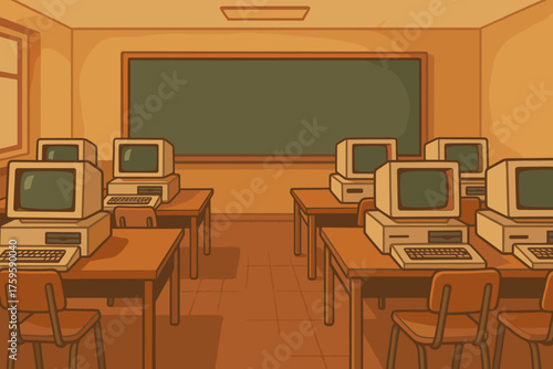 Computers old rows retro chalkboard nostalgic mood classroom warm vector desks illustration