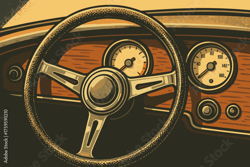 Sunlight textured wheel vector steering warm car highlights vintage illustration interior