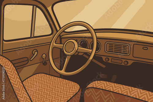 Car sunlight interior family retro windshield patterned through illustration front covers vector