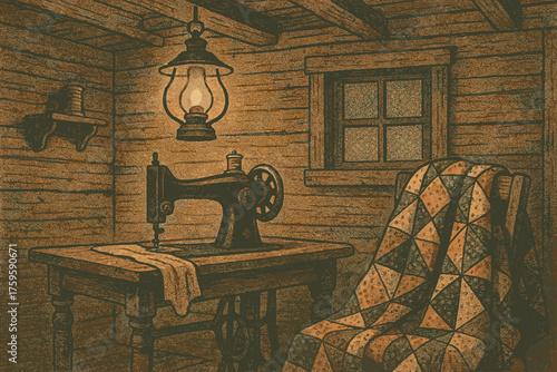 Glow illustration quilt room vector warm rustic overhead lantern sewing cottage scene