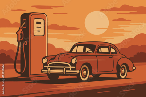 Standing beside sunset retro vector roadside mood car tones illustration refuel petrol