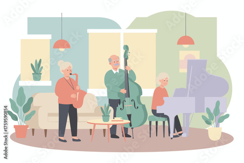 Happy seniors enjoying music together in a cozy home setting Leisure hobby retirement fun
