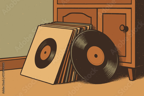 Nostalgic leaning illustration vinyl against discs vibe subtle vector wooden vintage