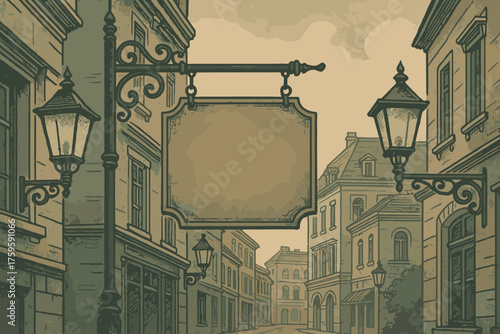 Illustration vintage retro architecture signboard lanterns hanging vector scene street