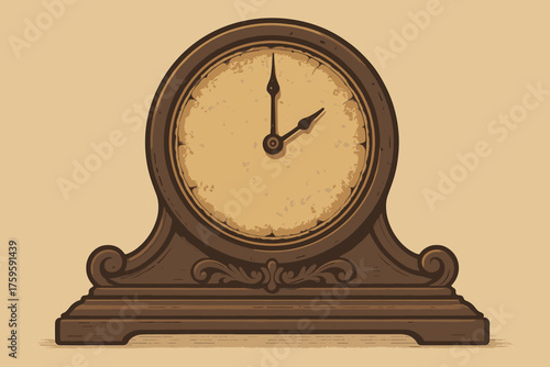 Wooden classic vector mantel tone clock aged decorated antique illustration base worn