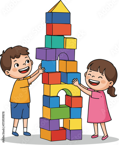 Children playing with colorful building blocks, teamwork and creativity, preschool learning, fun indoor activity, educational toys, happy kids, vibrant colors