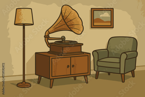 Scene vintage illustration retro muted phonograph ambiance textured vector tones
