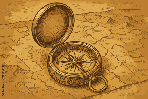 Weathered compass open atmosphere brass vector shading tones aged ornate desert vintage