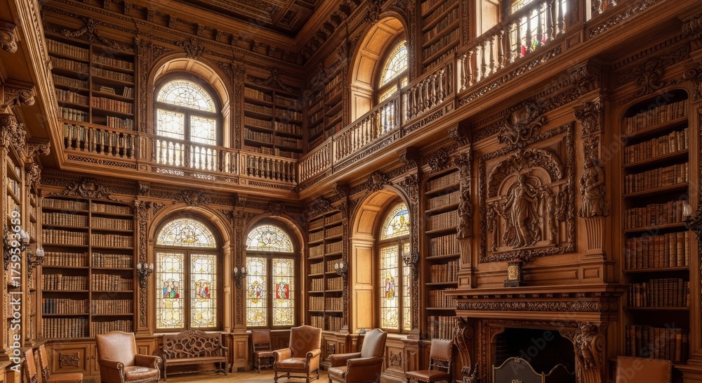 Obraz premium Ornate Wooden Library Interior: Historic Reading Room