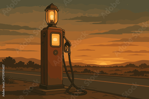 Illustration retro vector glowing sunset diesel brass tall pump dome warmly