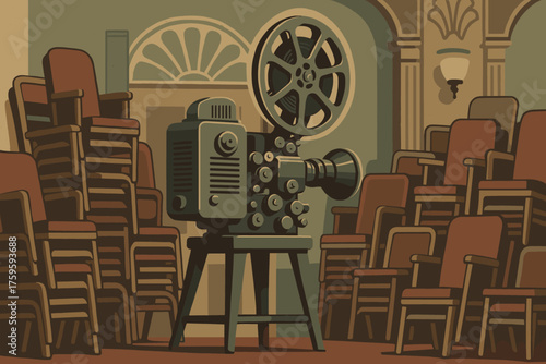 Nostalgic ambiance projector retro strong vector surrounded decor film illustration chairs vintage