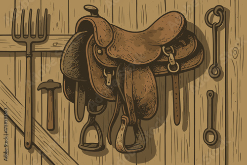 Barn aged illustration brass worn saddle display texture vintage wall vector rustic