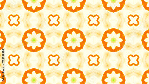 Seamless psychedelic kaleidoscope pattern with neon green, pink and orange mandala symmetry