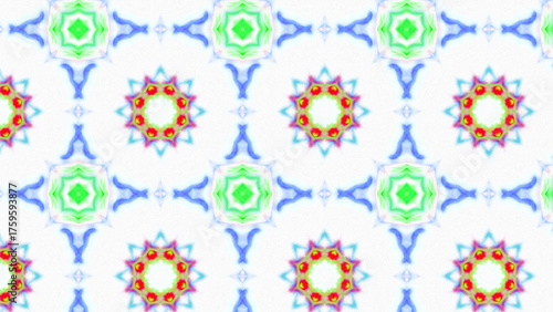 Seamless psychedelic kaleidoscope pattern with neon green, pink and orange mandala symmetry