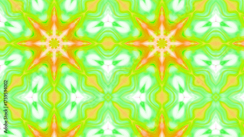 Seamless psychedelic kaleidoscope pattern with neon green, pink and orange mandala symmetry