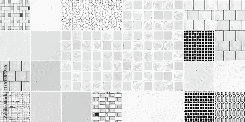 Monochromatic mosaic of various textured tile patterns and brickwork designs