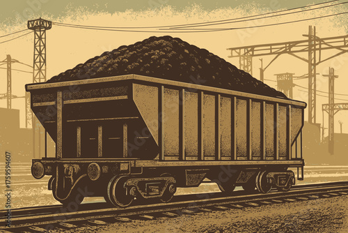 Filled vintage long retro industrial tracks vector coal railcar resting top illustration