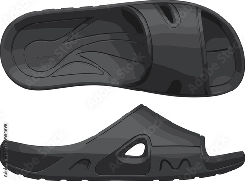 Black slide sandal illustration, top and side view, textured footbed design, ergonomic sole, SUPLUX branding, casual footwear vector art