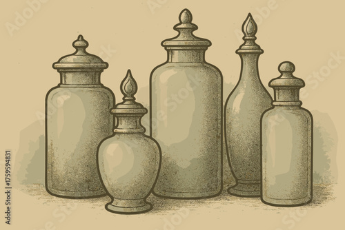 Nostalgic lids group illustration arranged still vector shapes jars varying vintage apothecary
