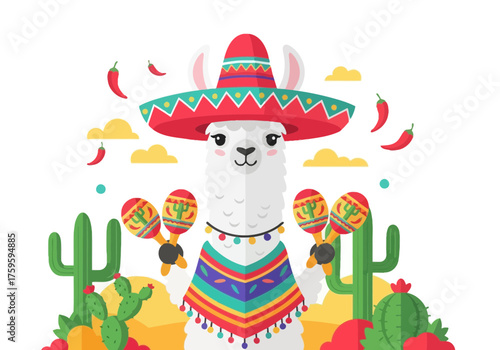 Cartoon llama character wearing sombrero celebrating holiday festivities