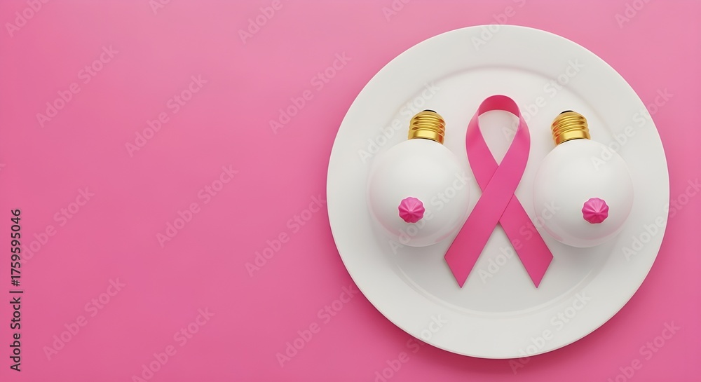 Fototapeta premium Symbolic Breast Cancer Awareness Concept – Two Bulbs and Pink Ribbon on Plate