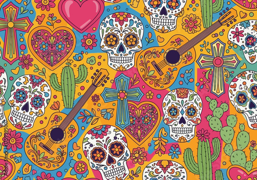 Colorful floral pattern with stylized flowers and cheerful imagery for various applications