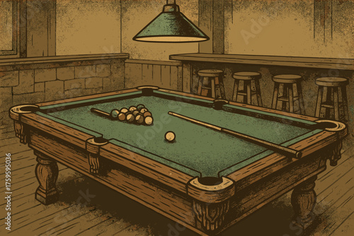 Vector illustration wooden ambiance textured pub vintage rustic old setting billiard felt