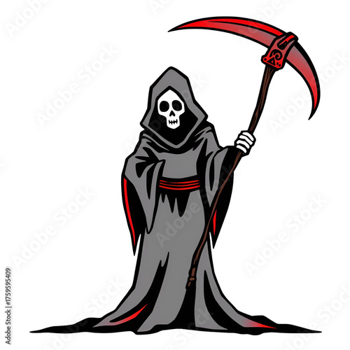 Spooky Halloween Grim Reaper Skeleton with Red Scythe