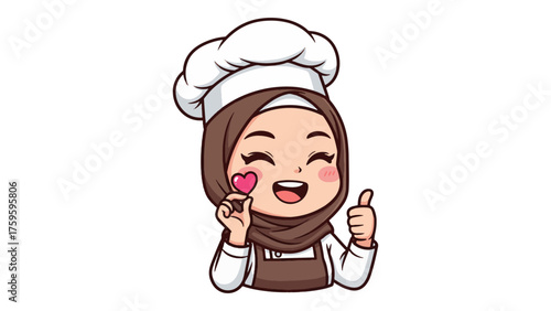 Delightful cartoon of a smiling hijab-wearing chef holding a heart candy and giving a thumbs up, perfect for adding sweetness to your food blog or promoting your bakery with charm