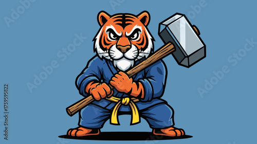Determined tiger cartoon character in karate uniform strikes a powerful pose holding a mighty hammer against a simple blue backdrop, perfect for dynamic branding or mascot design