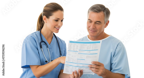 Friendly medical professional assisting patient with forms on transparent background
