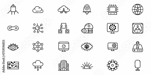 Modern technology icons depicting networking, cloud computing, and global connections highlight innovative tech solutions, perfect for cutting-edge design projects