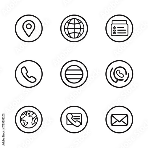 Outline Vector Contact and Communication Icons Set. Web, Phone, Email, Location, and Digital Service Symbols for UI/UX.