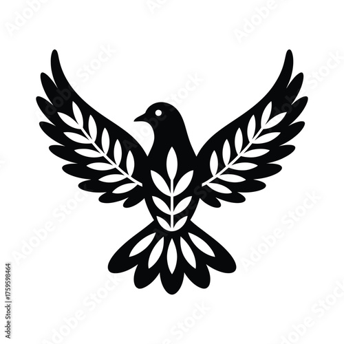 Black silhouette of a dove with laurel branches
