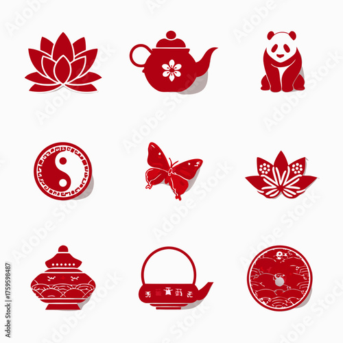 Vibrant red Asian cultural symbols collection: lotus flowers, panda, yin yang, butterflies, and traditional teapots. Oriental decorative icons.