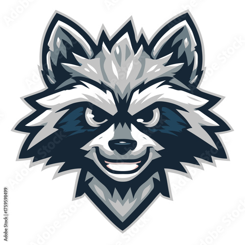 Dynamic raccoon head illustration with mischievous smirk and sharp teeth. Fierce forest animal mascot vector emblem design.