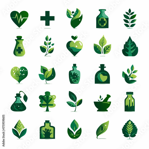 Vector set of green natural health, wellness, herbal medicine, and pharmacy icons. Organic healthcare symbols for well-being, nature, and alternative treatment.